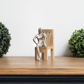 Moritz Handmade Sculpture Figure Made of Aluminium on Wooden Chair - Modern Decorative Figure - 13 cm Height, 6.5 cm Width, 9 cm Length - Stylish Home Accessory for Any Room