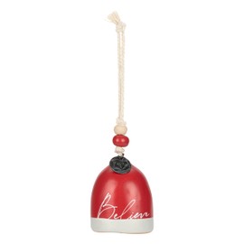 DEMDACO Inspired Holiday Red and White 2 x 2.5 Inch Stoneware Metal Charm, Beaded Rope Hanger, Boxed, Mini Christmas Tree Decoration Bell Ornament, Believe