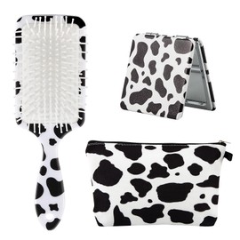 PLKDJDM 3Pack Cow Print Hair Brush Paired with Portable Mirror and Makeup Bag, Hair Detangling Brush Anti Static Massage Comb Hairbrush for All Hair Types, Cow Print Accessories Gifts for Girls Women
