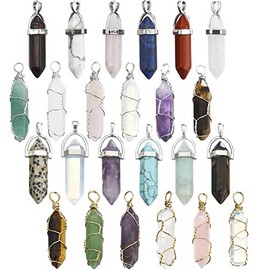 24 Pcs Healing Chakra Crystal Pendant Hexagonal Pointed Natural Bullet Shaped Gemstone Wire Wrapped Quartz Stone Charm Pendants for Necklace Jewelry Making(12-12)