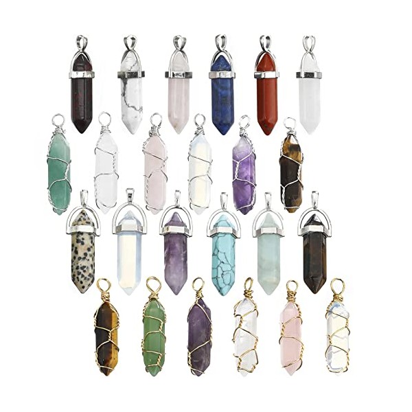 24 Pcs Healing Chakra Crystal Pendant Hexagonal Pointed Natural Bullet