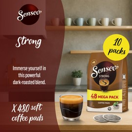 Senseo Strong Dark Roast Coffee Pods, 48 Count (Pack of 10) - Single Serve Coffee Pods Bulk Pack for Senseo Coffee Machine - Compostable Coffee Pods for Hot or Iced Coffee, Cold Brew Coffee