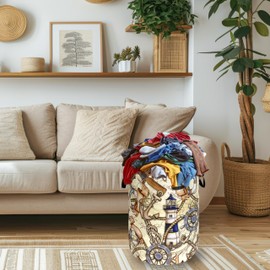 Nautical Theme Laundry Basket Foldable Retro Anchor Rudder Laundry Hamper With Handle Oxford Cloth Portable Clothes Storage Basket 18.9"x16.5" Laundry Bag For Laundry Room/Bedroom/Bathrooms