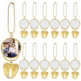 12 PCS Angel Wings Sublimation Keychain Blanks Gold, Double Side Heat Transfer Blanks with Angel Wings Charms, MDF Round Key Rings Blanks for Sublimation DIY Craft