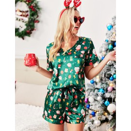 Ekouaer Silk Pajama for Women Short Sleeve Satin Pj Set Two Piece Soft Sleepwear Loungewear Casual Pjs for Summer Green Santa Claus XXL