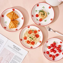 CHILDIKE Cute Strawberry Plates Set of 4, 20 OZ Porcelain Small Pasta Bowls, 8 Inch Dessert Plates for Berry, Fruit and Appetizer, Microwave & Dishwasher Safe, Perfect for Women Gift, Family Party