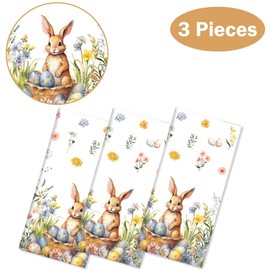 AIBIIN 3 Pcs Easter Tablecloth, Plastic Easter Bunny Eggs Table Cover Spring Floral Table Cloth for Happy Easter Spring Holiday Party Decoration and Supplies 108x54 Inch