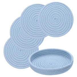 uxcell 8 Inches Trivets for Hot Dishes, Heat Resistant Blue Trivets for Hot Pots and Pans, 4 Pcs Cotton Hot Pads and 1 Pcs Storage Basket for Countertops, Pot Holders, Kitchen,Table
