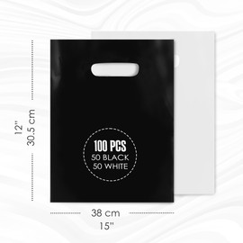 Houseables Merchandise Bags, Retail Bags, Plastic, With Handles, For Shopping, Gift, Boutique, Small Business, Store, Customers, Product, Vendor, Events, Holiday, Black & White, 12”x15”, Bulk 100 Pack