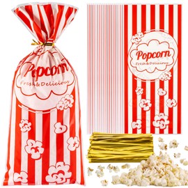 MAQIHAN 100 Popcorn Bags Individual Servings - Plastic Treat Bags with Tie