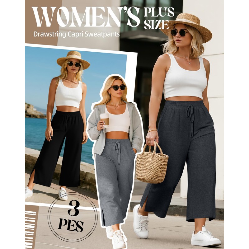 Neer 3 Pack Women's Plus Size Capris, Drawstring Cropped Wide