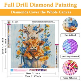 Diamond Painting Kits for Adults Highland Cow, DIY 5D Diamond Art Kits for Adults Daisy Flower, Cow Full Round Drill Gem Art Dots Beginners, Perfect for Home Wall Decor 14X14 Inch