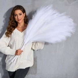 QUBITFUL Faux Pampas Grass Tall, 9 PCS 43''/ 110 cm Large Fluffy White Pampas Grass, Fake Pompas Branches, Long Feathers for Floor Vase, Boho Flower Arrangement for Home Wedding Decor (White)