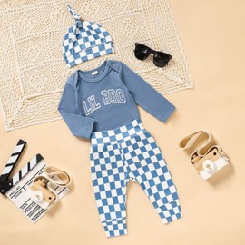 Baby Boy Brother Matching Clothes Lil Bro Long Sleeve Romper Checkerboard Pants With Hat Outfits(Lil Bro Blue,3-6M)