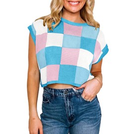 Saodimallsu Womens Cap Sleeve Crop Tops Summer Color Block Going Out Crew Neck Knit Trendy Casual Sweater Blue