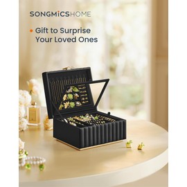 SONGMICS HOME 2-Tier Jewelry Box with Mirror, Jewelry Organizer, Removable Tray, PU Surface with Stitching, Floating Effect, 8.5 x 9.4 x 5.3 Inches, Ink Black, ANAH Collection UJBC182B01