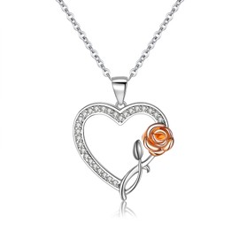 EVER FAITH S925 Heart Rose Necklace White CZ Rose Gold Flower Pendant Necklace Mother Day Valentine Day Birthday Jewelry Gift for Women Mother Wife