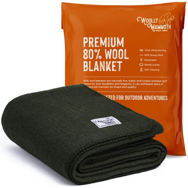Woolly Mammoth Merino Wool Blanket - Large 66" x 90", 4LBS Camp Blanket | Throw for the Cabin, Cold Weather, Emergency, Dog Camping Gear, Hiking, Survival, Army, Outside, Outdoors – Hunter Green