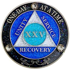 (Years 1-50) AA 25 Year Crystals & Glitter Medallion, Silver Color Plated, Black Rainbow, Blue Glitter and Three Clear Crystals, Epoxy Covered (AA 25 Year Crystals & Glitter Medallion)