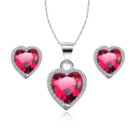 Paris Jewelry 18k White Gold Plated Heart 4 Carat Created Red CZ Full Set Necklace, Earrings