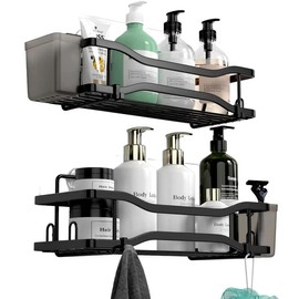 2 Pack Bathroom Shower Organizer, Adhesive Shelves with hooks and Hanging Cups, No Drilling Rustproof Stainless Steel Bathroom Caddy for Shower Storage