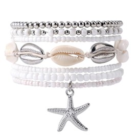 Mikovivi 7 Pcs Summer Beach Shell Bracelet Set, Stackable Starfish Seashell Beaded Surfer Bracelets Bohemian Seaside Friendship Jewelry Stack for Women Vacation Beachy Party Accessories