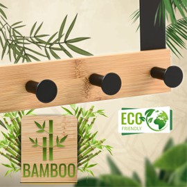 RICOO MH029N-5x2 Door Coat Rack, Environmentally Friendly Hook Rail for Hanging, 5 Steel Hooks, Bamboo Strip, Door Mounting No Drilling, Door Hooks for Jackets, Bags, 32 x 13 x 6.6 cm, Natural & Black