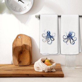 BCUANGD Blue Octopus Kitchen Towels Decor Set of 2 - Coastal Nautical Hand Tea Towels, Vintage Beach Ocean Dish Towel Dishcloths Decorations for Home Kitchen Farmhouse, 16"x24"