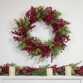 Artificial Frosted Red Berry and Pine Christmas Wreath 28-Inch Unlit