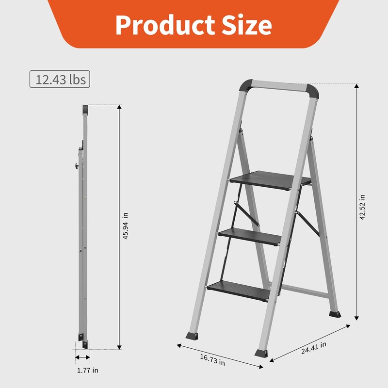 3 Step Ladder with Handrail,DIAMONDFORGE 800 lbs Capacity Aluminum Ladder,