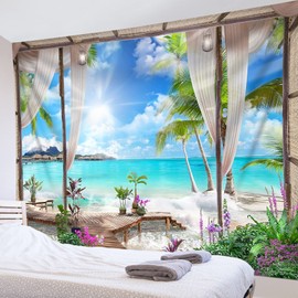 LB Tapestry Turquoise Ocean Wall Towel Beach Wall Hanging Tropical Island Landscape from Balcony Tapestry for Living Room Bedroom Dorm Wall Decoration 200 x 150 cm
