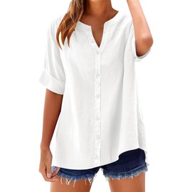 LOMON Womens 3/4 Sleeve Button Down Shirts Cotton Linen Roll Up Short Sleeve Tops V Neck Casual Loose Blouse White L