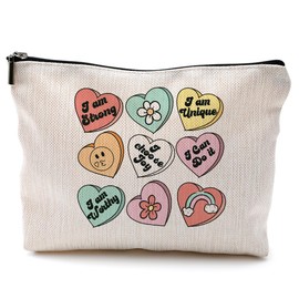 QGFM Trendy Preppy Makeup Bag, Conversation Hearts I am Worthy Cosmetic Bag, Positive Affirmations Gifts, Inspirational Gifts for Women, Cute Makeup Cosmetic Bag for Purse