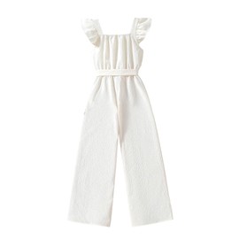 Floerns Girl's Summer Jumpsuit Floral Ruffle Sleeve Wide Leg Long Pants Rompers One Piece Outfit Apricot 11Y