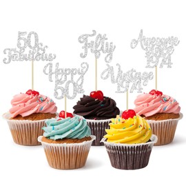 30 piezas de adornos para cupcakes de feliz cumpleaños 50 con purpurina, 50 piezas clásico de 1974, para decorar tartas 50 fabulosas decoraciones de tartas para 50 cumpleaños, bodas, aniversarios,
