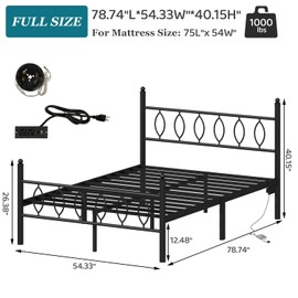 Samurbex Full Size Bed Frame with Headboard,Black Metal Platform Bed Frame Full Size with Charging Station & LED Lights,12-Inch Under Bed Storage,No Box Spring Needed,Noise Free,Easy to Assemble