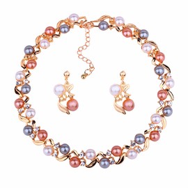 Dishowme Wedding Pearl Necklace Earrings Sets Bridal Crystal Faux Pearl Collar Necklace Jewelry Sets for Women (Gold)