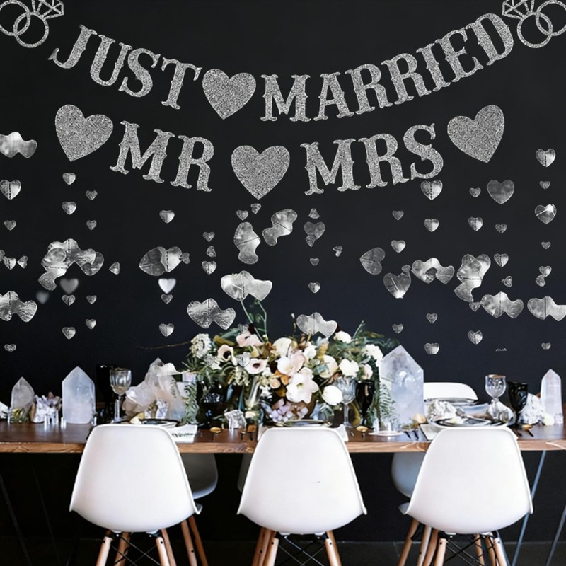 Aiyraa Silver Just Married Banner, Just Married Wedding Decorations