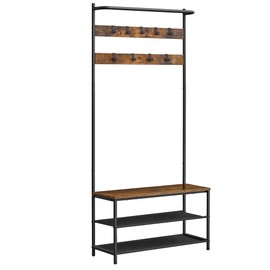 VASAGLE Hall Tree with Bench and Shoe Storage, Entryway Bench with Coat Rack Stand and Shoe Rack, 9 Movable Hooks, Top Bar, Fabric Shelves, Industrial, Rustic Brown and Black UHSR421B01