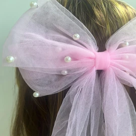 LERTREEUK Pearl Bow Hair Clips Bridal Veil Wedding Tulle Large Bow with Clip Bowknot Spring Snap Hair Barrettes for Women (Pink)