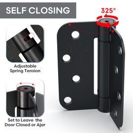 Treasem 1 Pack Self Closing Door Hinge, 4 Inch Spring Loaded Door Hinge, Adjustable Tension with 5/8'' Radius Corners, for Front, Back Doors, Left and Right Hand, UL Listed, Gloss Black