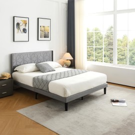 ZFAEUL Queen Size Platform Bed Frame with Fabric Upholstered Headboard and Strong Wooden Slats Support,Mattress Foundation,No Box Spring Needed,Easy Assembly (Light Grey, Queen)