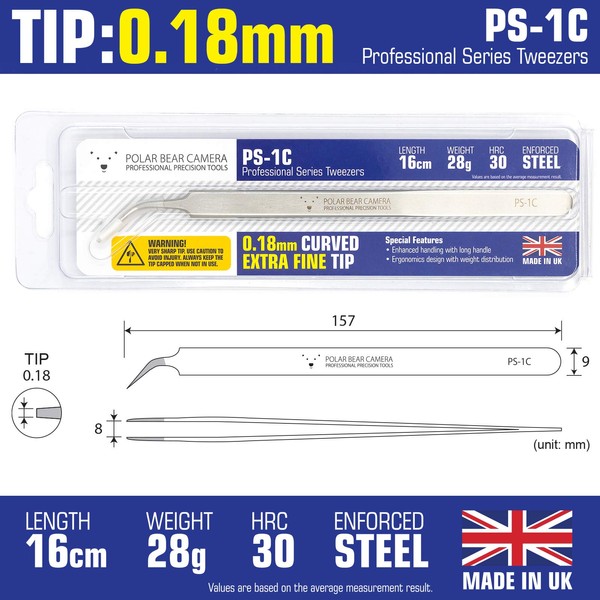 Extra Fine Tip Stainless Steel Tweezers (157mm/0.18mm/Curved) Made in England