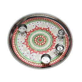 Minakari Pooja Thali Plate Engagement Plate Decorative Steel Puja Thali with Essential Pooja Articles for Aarti Pooja Rituals Festival Navratri Pooja Decoration Wedding Decorations (Size-11)