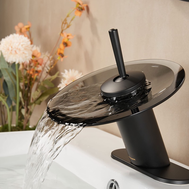 RODDEX Waterfall Bathroom Sink Faucet Solid Brass Modern Circle Glass