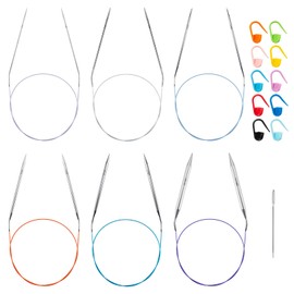 80cm Stainless Steel Circular Knitting Needles Set for Beginners, 6 PCS 2.0 mm, 3mm, 4mm, 5mm, 6mm and 9mm Round Metal Knitting Needles with Magic Loop, Fixed Circle Needles for Blankets, Sweater