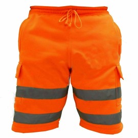 Mens Hi Vis Work Shorts Cargo Multi Pockets Hi Viz Reflective Bands Super Soft Comfortable Fleece Shorts (Orange,L)