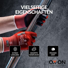 OX-ON Flexible Advanced 1901 Red Work Gloves, Extremely Durable Safety Gloves, Secure Precise Grip, Protective & Comfortable Nitrile Gloves, Dotted Palm For Extra Grip, Sanitised - 12pairs, Size 9 / L