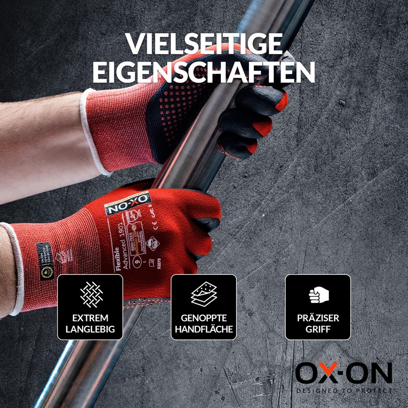 OX-ON Flexible Advanced 1901 Red Work Gloves, Extremely Durable Safety
