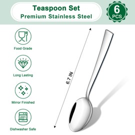 TeamFar Teaspoon Set of 6, 6.7 Inch Stainless Steel Mini Tea Spoons, Small Spoon Silverware for Coffee Tea Soup Dessert, Non-Toxic & Heavy Duty, Mirror Polished & Dishwasher Safe